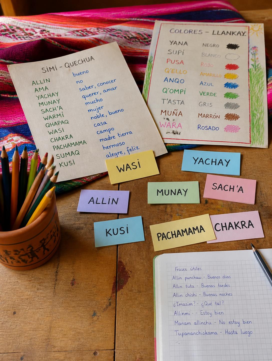 Materiales pedagógicos hechos a mano para aprender Quechua