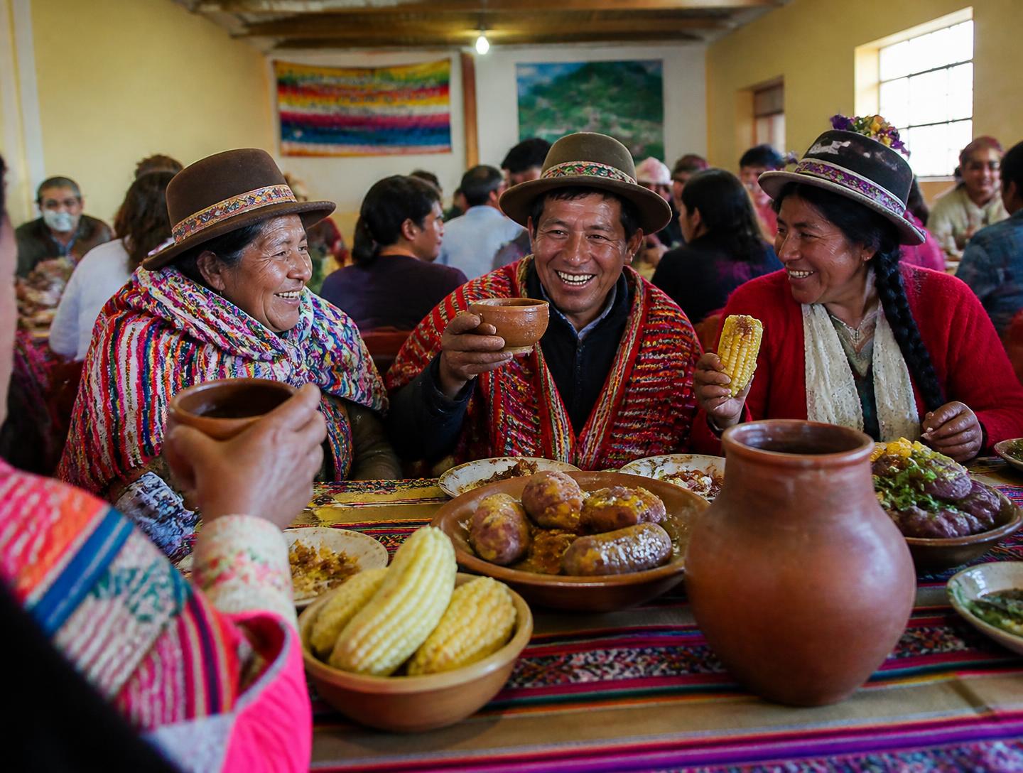 Encuentro cultural andino compartiendo comida tradicional